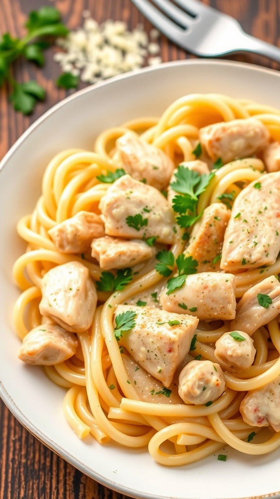 Creamy garlic parmesan chicken pasta garnished with parsley on a rustic table.